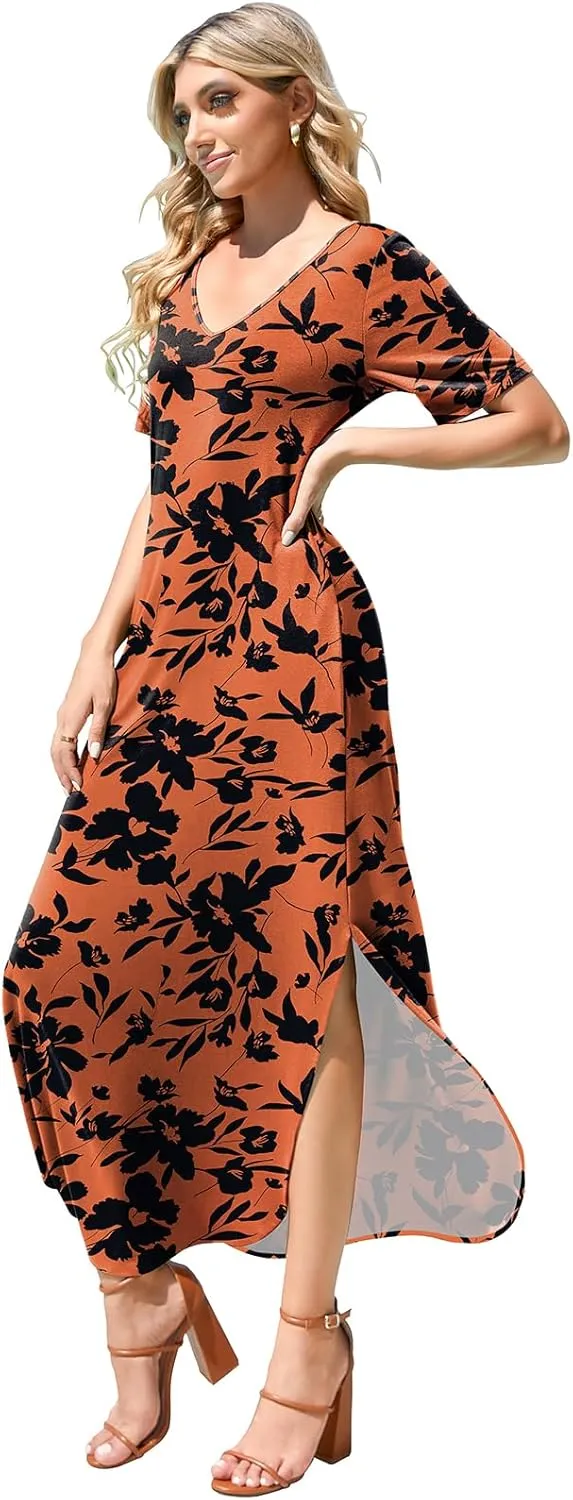 Women's Casual Loose Sundress Short Sleeve V Neck Long Dress Split Maxi Summer Beach Dress with Pockets