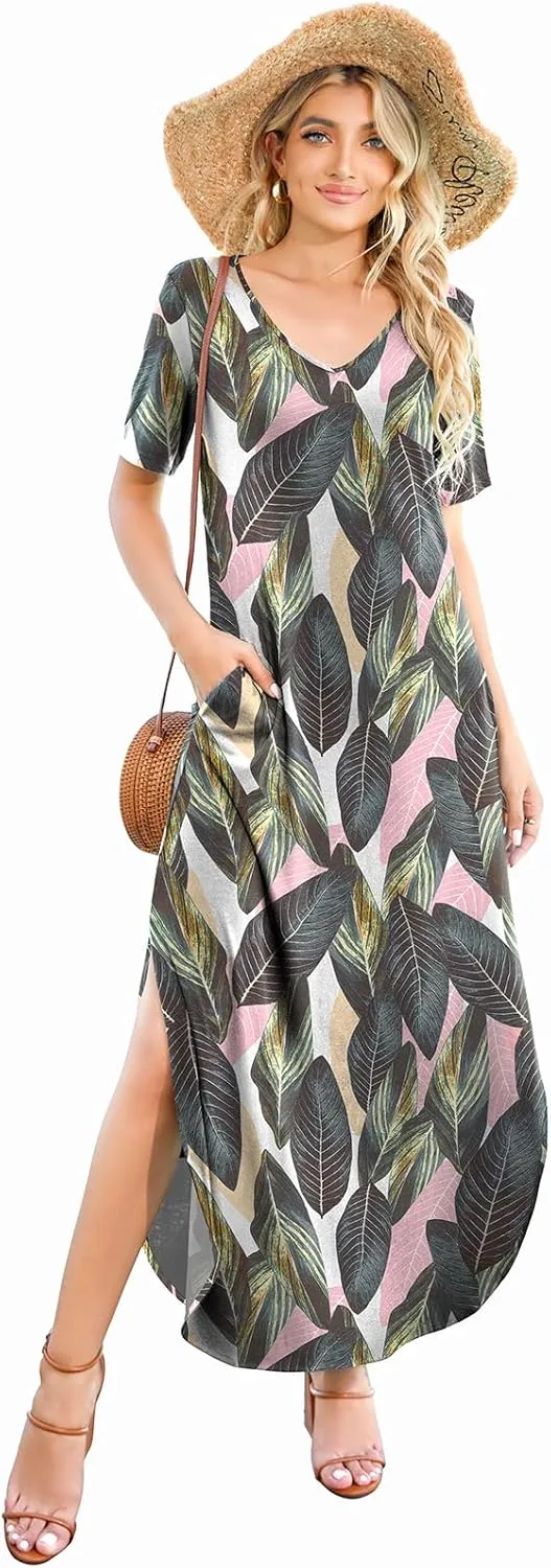 Women's Casual Loose Sundress Short Sleeve V Neck Long Dress Split Maxi Summer Beach Dress with Pockets