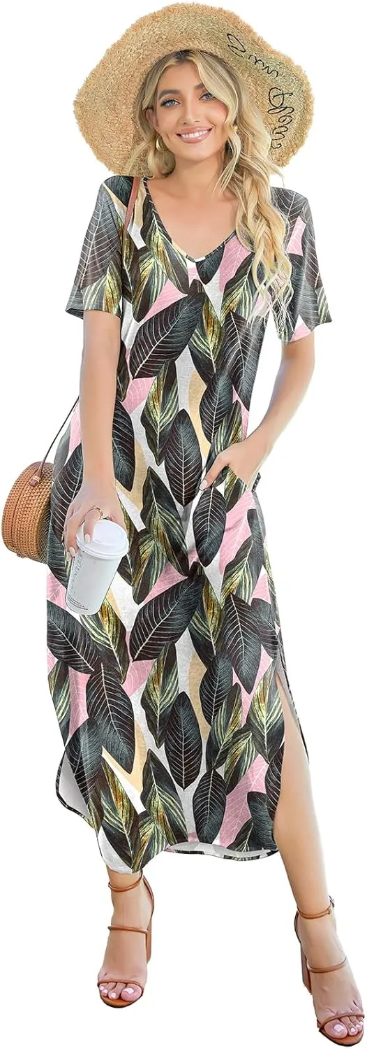 Women's Casual Loose Sundress Short Sleeve V Neck Long Dress Split Maxi Summer Beach Dress with Pockets
