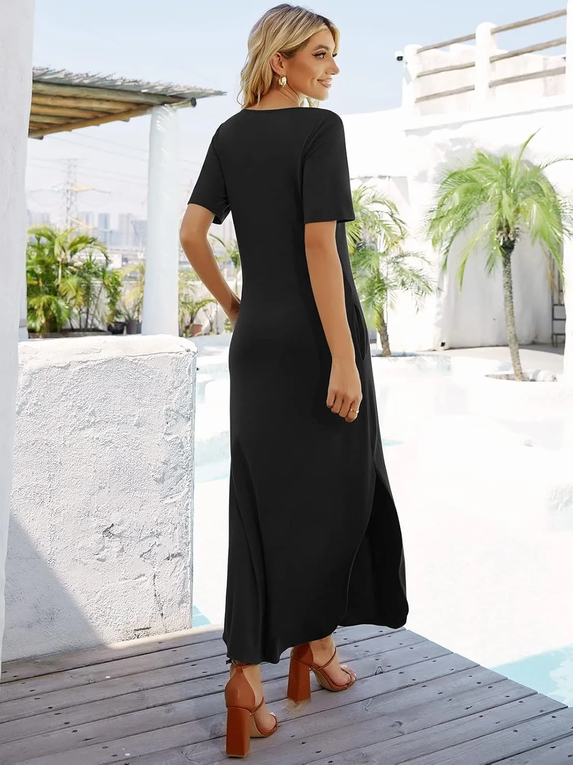 Women's Casual Loose Sundress Short Sleeve V Neck Long Dress Split Maxi Summer Beach Dress with Pockets