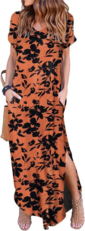 Women's Casual Loose Sundress Short Sleeve V Neck Long Dress Split Maxi Summer Beach Dress with Pockets