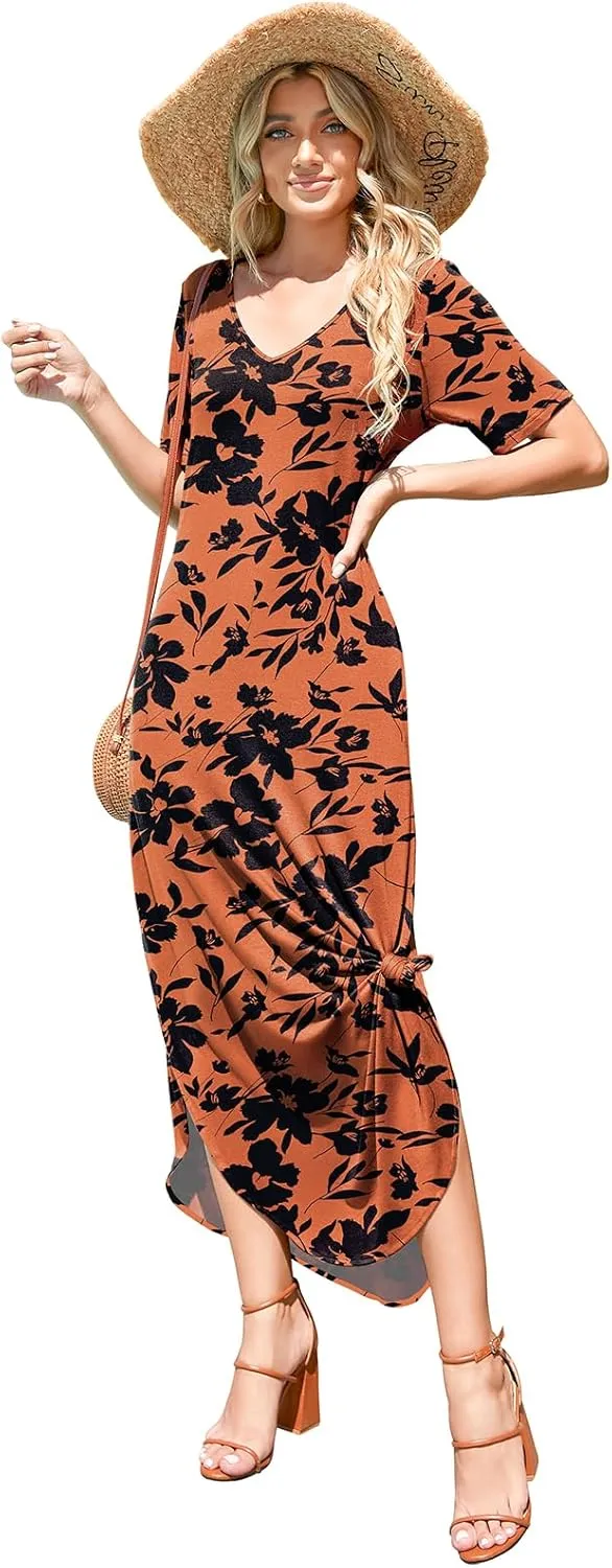 Women's Casual Loose Sundress Short Sleeve V Neck Long Dress Split Maxi Summer Beach Dress with Pockets