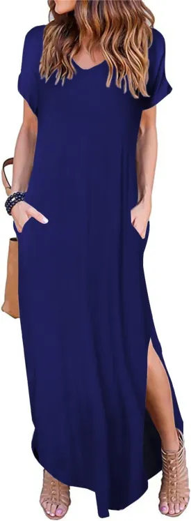 Women's Casual Loose Sundress Short Sleeve V Neck Long Dress Split Maxi Summer Beach Dress with Pockets