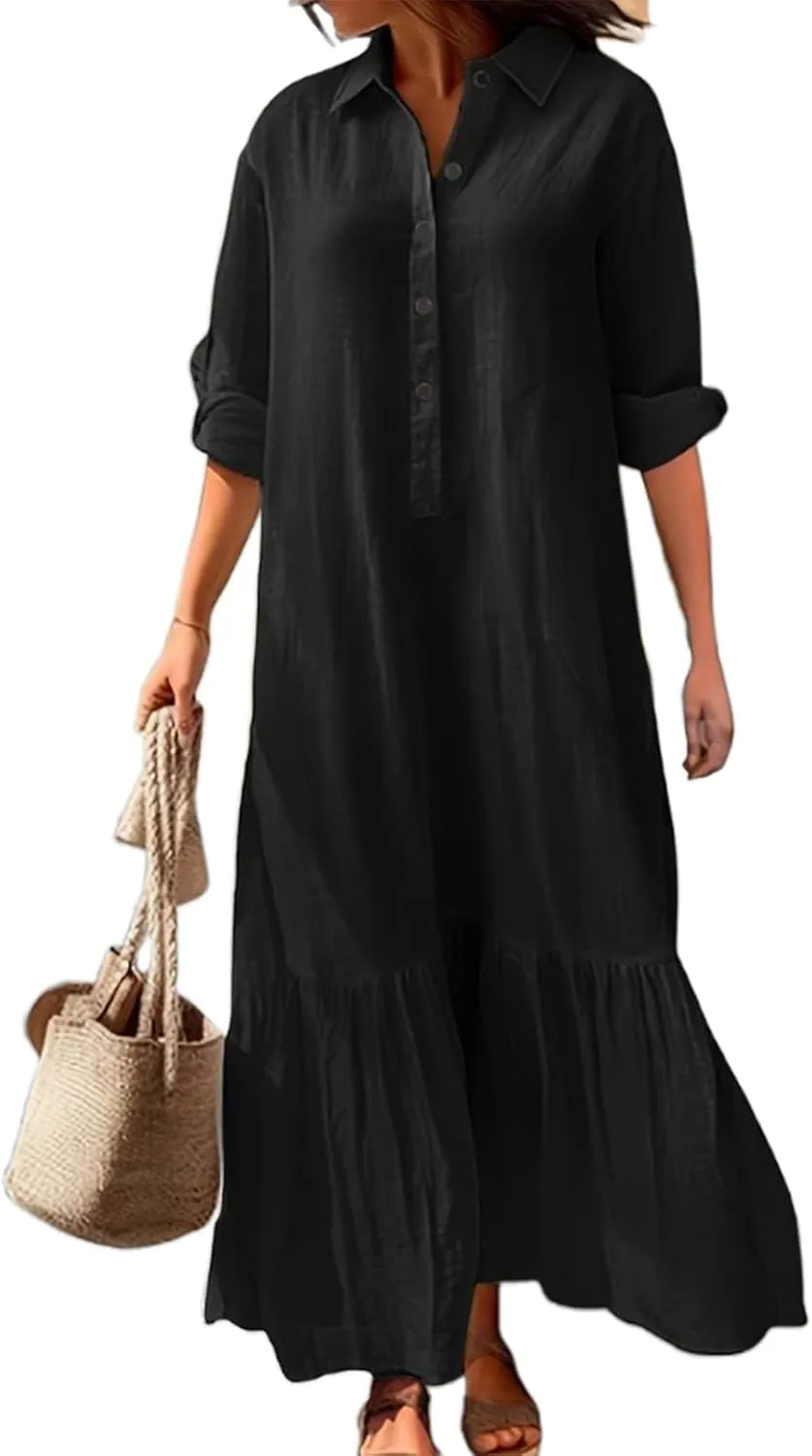 Women's Cotton Linen Maxi Dress Casual Button Down Shirt Dress Loose Tiered Ruffle Hem Dresses