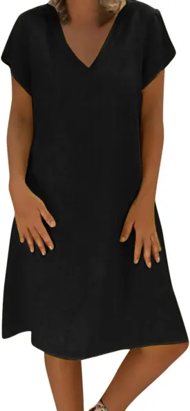Womens Cotton Linen Midi Dress Summer Solid Color Short Sleeve V-Neck T-Shirt Dresses Plus Size Flowy Beach Dress