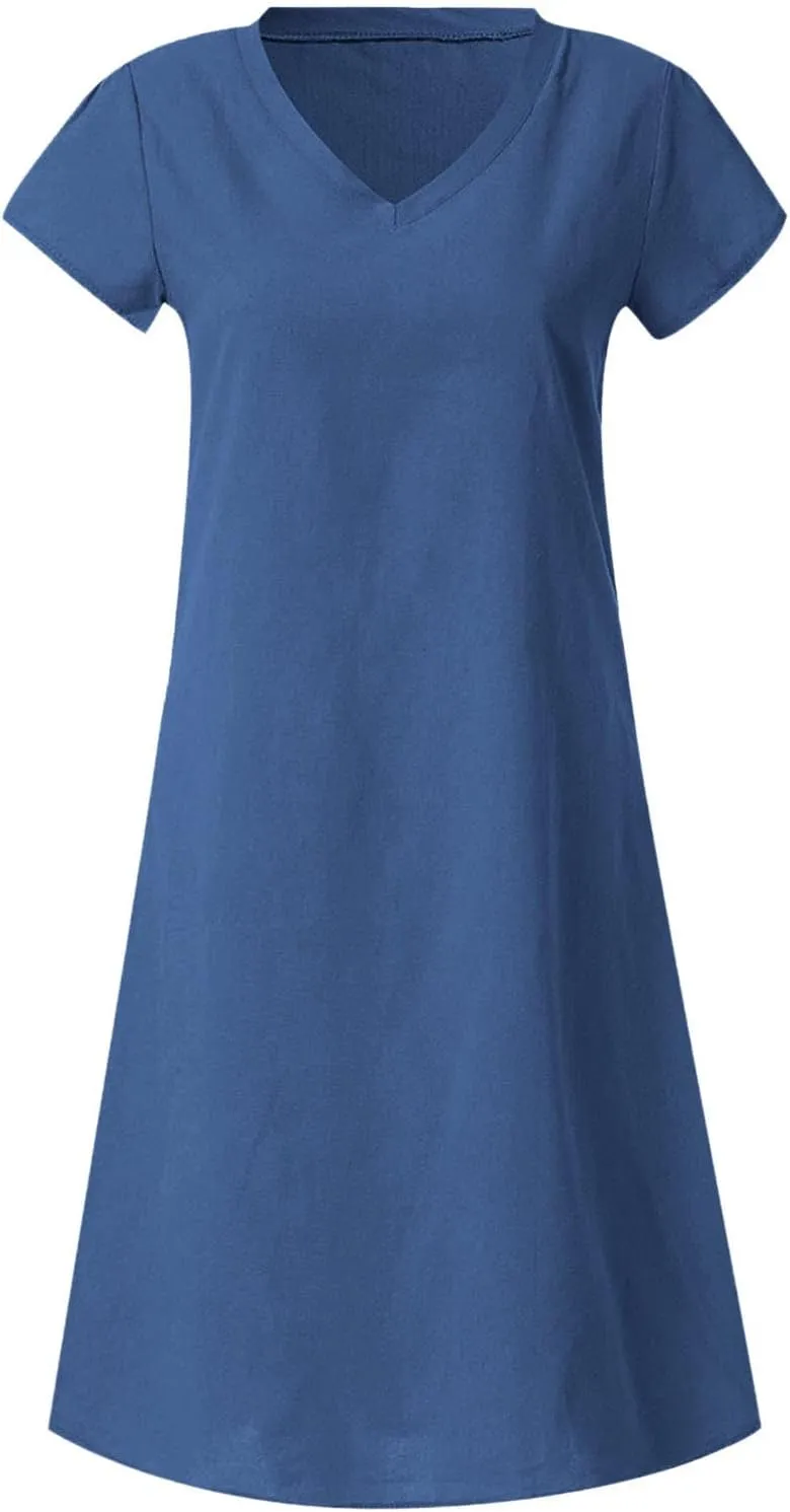 Womens Cotton Linen Midi Dress Summer Solid Color Short Sleeve V-Neck T-Shirt Dresses Plus Size Flowy Beach Dress