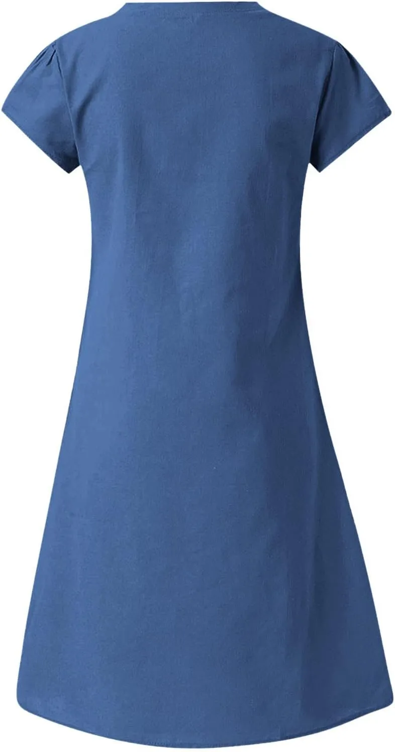 Womens Cotton Linen Midi Dress Summer Solid Color Short Sleeve V-Neck T-Shirt Dresses Plus Size Flowy Beach Dress