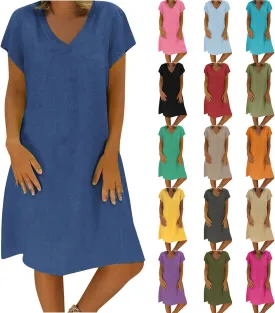Womens Cotton Linen Midi Dress Summer Solid Color Short Sleeve V-Neck T-Shirt Dresses Plus Size Flowy Beach Dress
