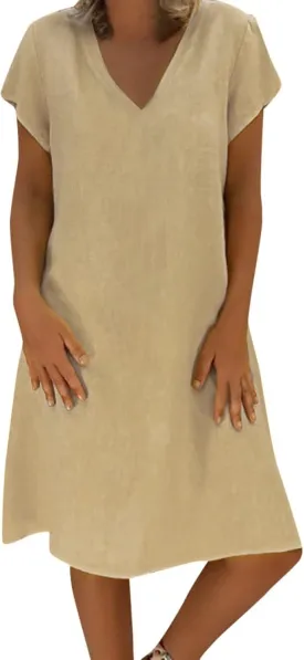 Womens Cotton Linen Midi Dress Summer Solid Color Short Sleeve V-Neck T-Shirt Dresses Plus Size Flowy Beach Dress