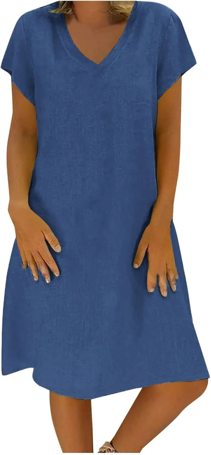 Womens Cotton Linen Midi Dress Summer Solid Color Short Sleeve V-Neck T-Shirt Dresses Plus Size Flowy Beach Dress
