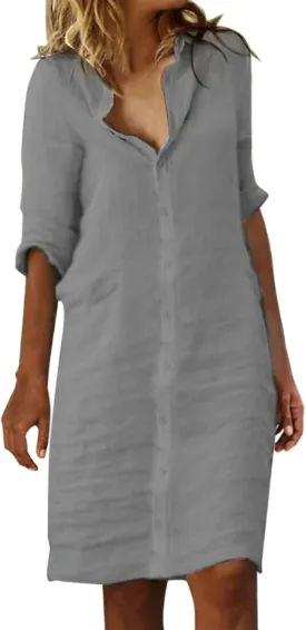 Womens Cotton Linen Shirt Dresses 2025 Summer Short Sleeve Button Down Lightweight Loose Beach Cover Up Dress Pockets