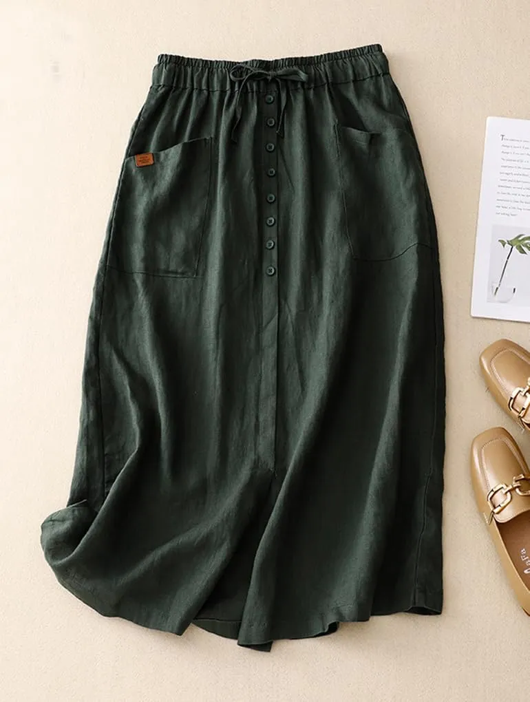 Womens Cotton Linen Skirts Casual Drawstring High Waist Skirt with Slit