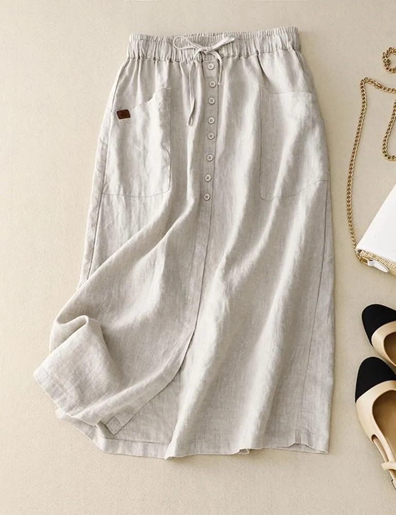 Womens Cotton Linen Skirts Casual Drawstring High Waist Skirt with Slit