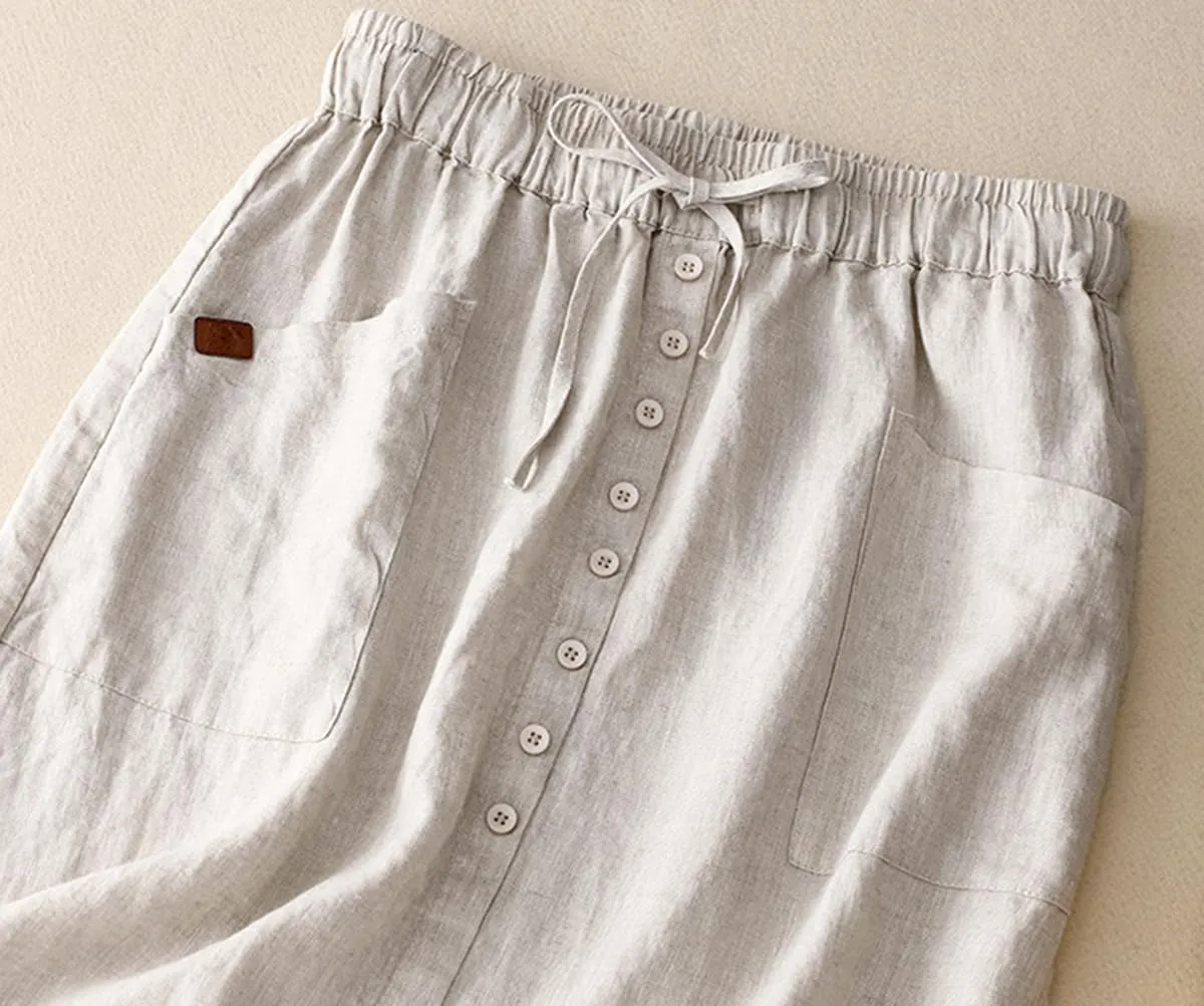 Womens Cotton Linen Skirts Casual Drawstring High Waist Skirt with Slit