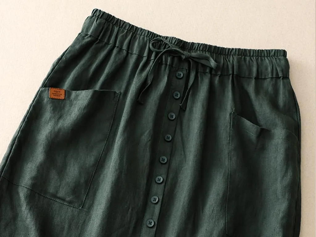 Womens Cotton Linen Skirts Casual Drawstring High Waist Skirt with Slit