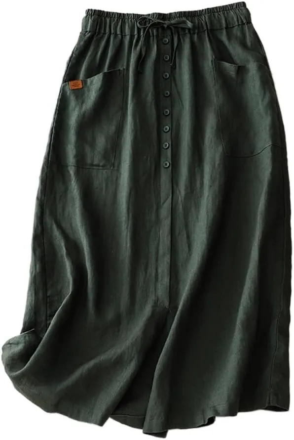 Womens Cotton Linen Skirts Casual Drawstring High Waist Skirt with Slit