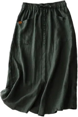 Womens Cotton Linen Skirts Casual Drawstring High Waist Skirt with Slit