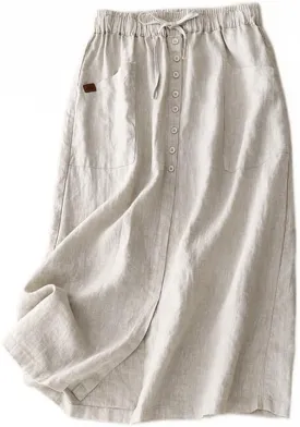 Womens Cotton Linen Skirts Casual Drawstring High Waist Skirt with Slit