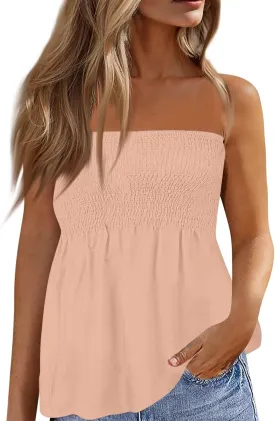 Women's Plus Size Tube Tops Summer Strapless Blouse Pleated Sleeveless Stretchy Sleeveless Flare Hem Tube