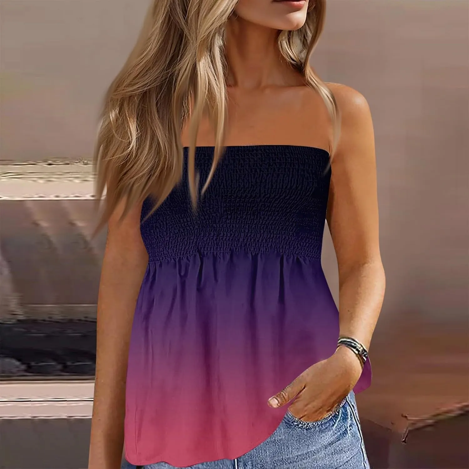 Women's Plus Size Tube Tops Summer Strapless Blouse Pleated Sleeveless Stretchy Sleeveless Flare Hem Tube