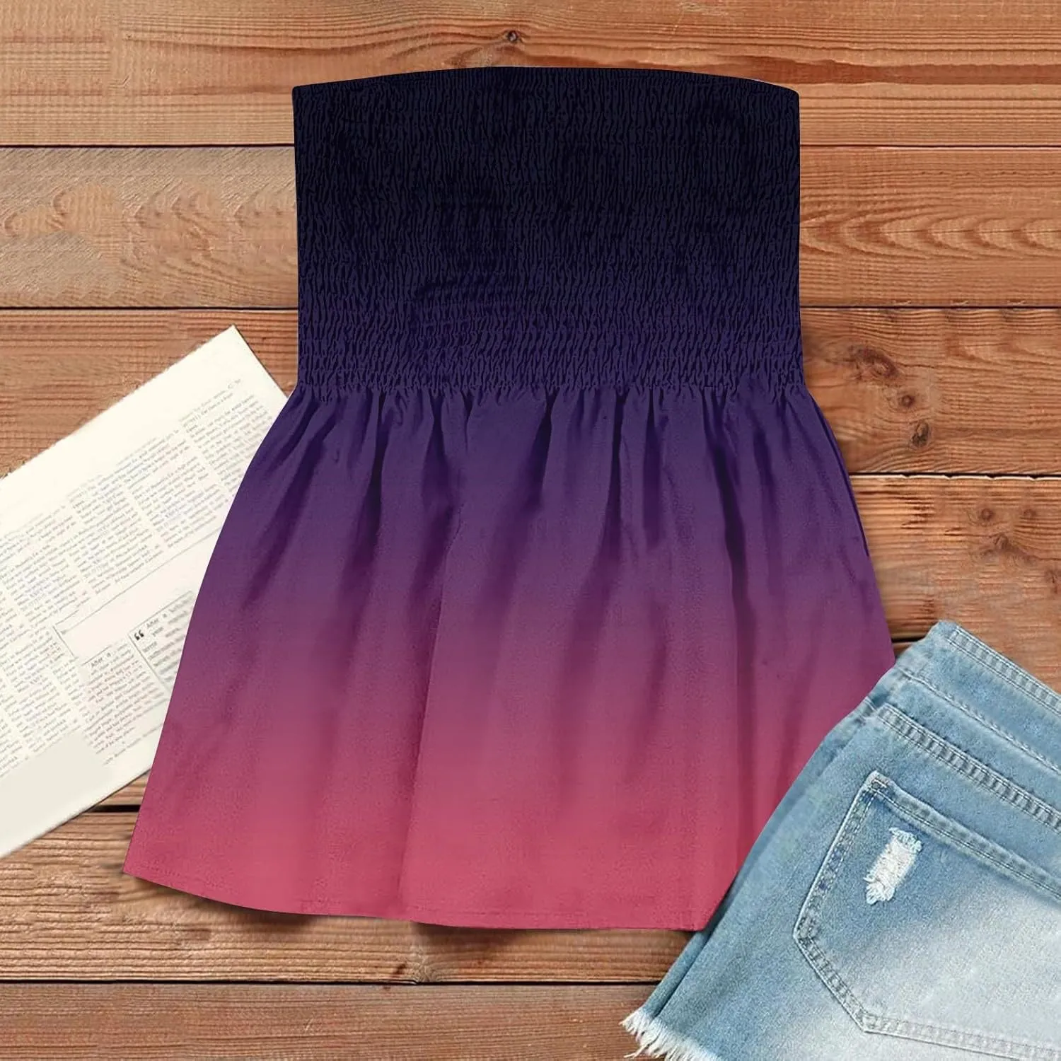 Women's Plus Size Tube Tops Summer Strapless Blouse Pleated Sleeveless Stretchy Sleeveless Flare Hem Tube