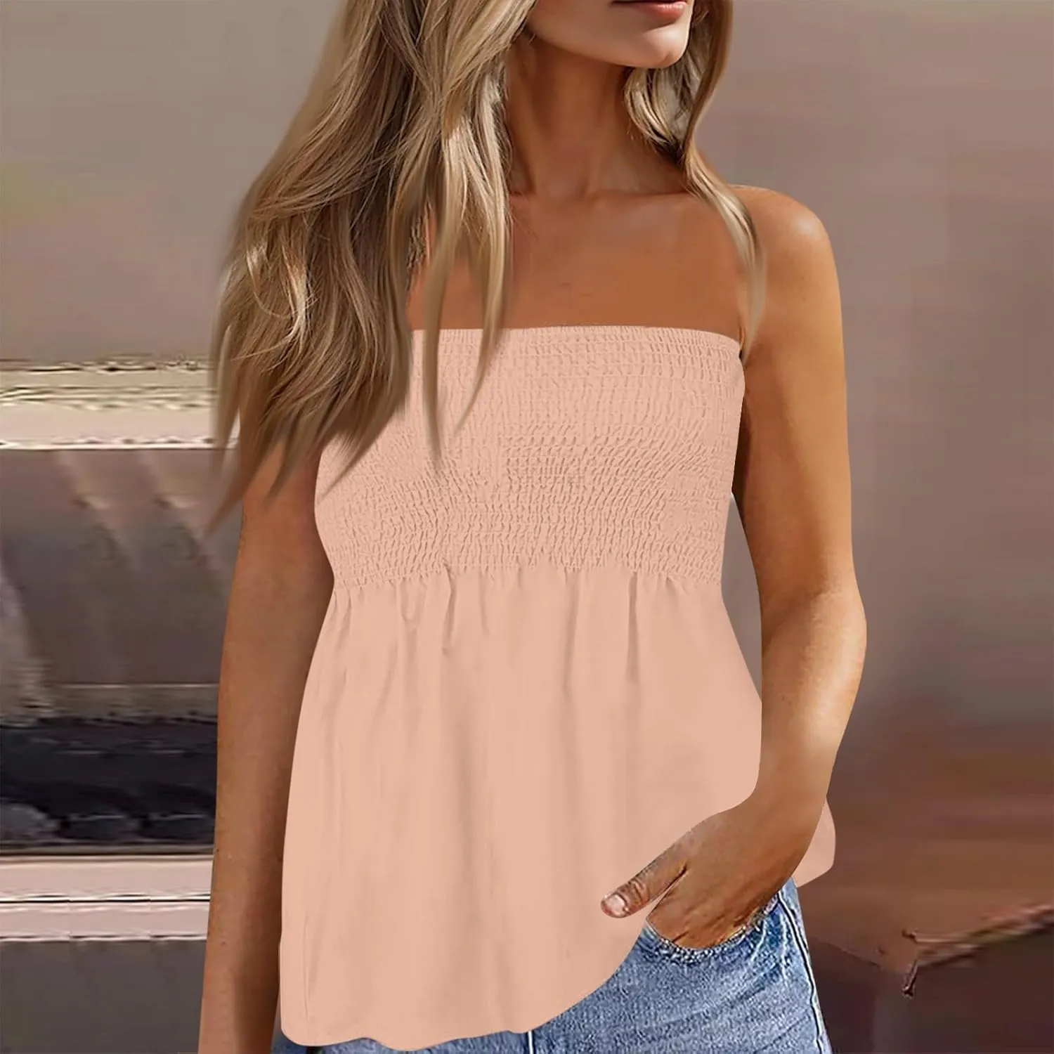 Women's Plus Size Tube Tops Summer Strapless Blouse Pleated Sleeveless Stretchy Sleeveless Flare Hem Tube