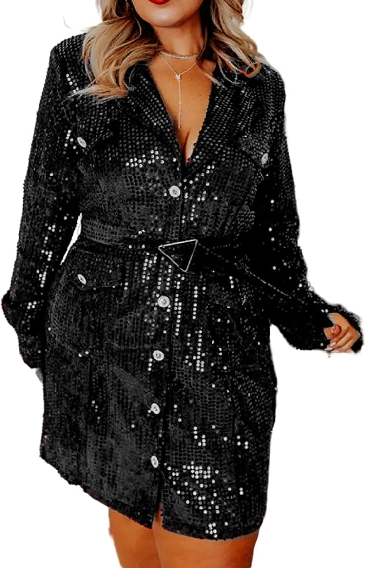 Womens Sexy Deep V Cocktail Dress Sparkly Sequin Blazer A Line Button Down Dress