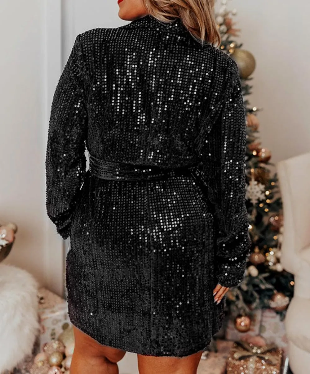 Womens Sexy Deep V Cocktail Dress Sparkly Sequin Blazer A Line Button Down Dress