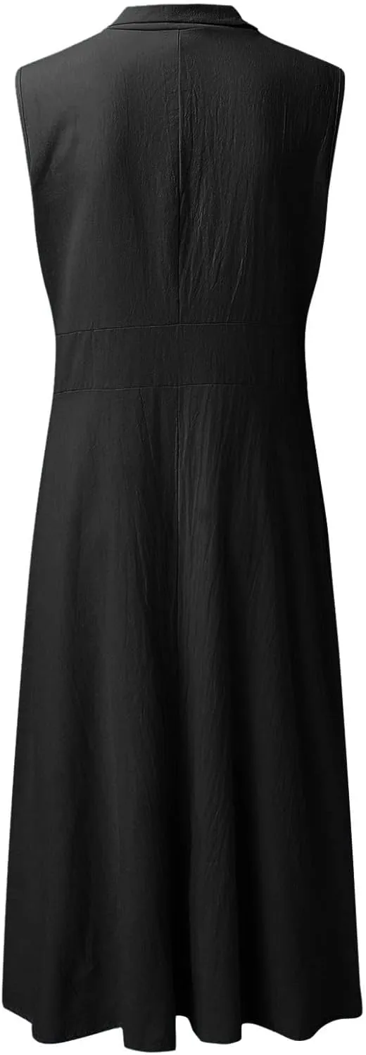Women's Summer Cotton Linen Lapel V Neck Button Down Maxi Shirt Dress Casual Sleeveless A-Line Long Work Dress