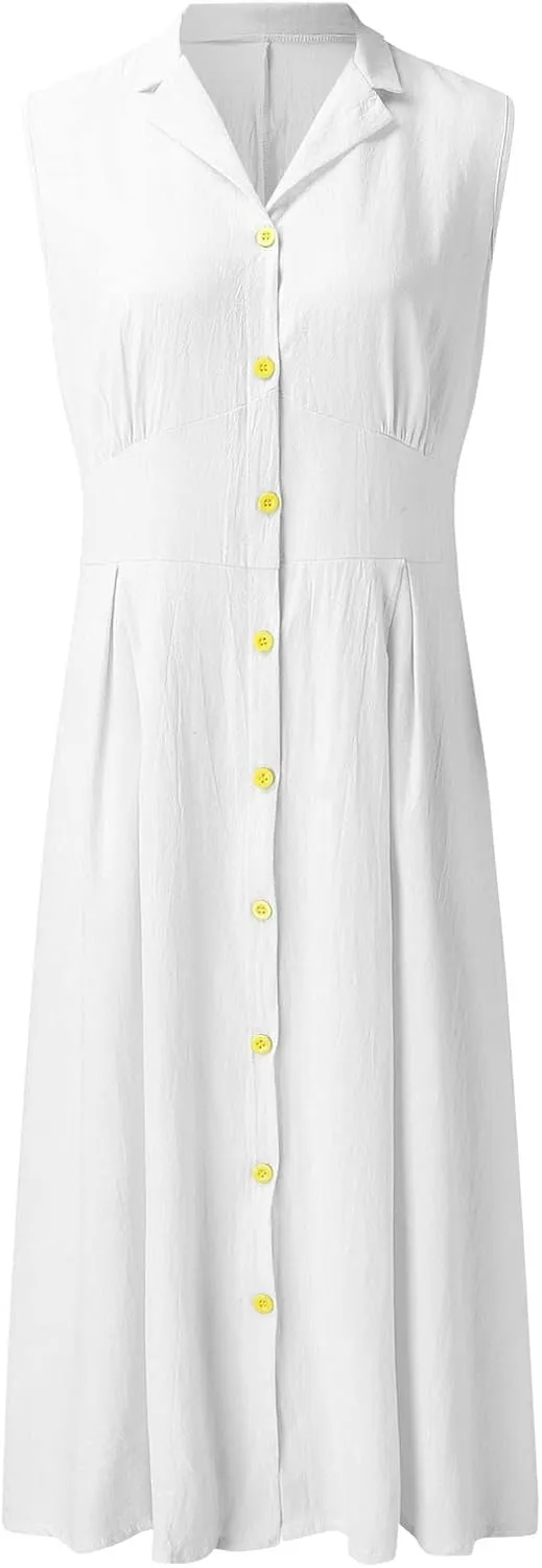 Women's Summer Cotton Linen Lapel V Neck Button Down Maxi Shirt Dress Casual Sleeveless A-Line Long Work Dress