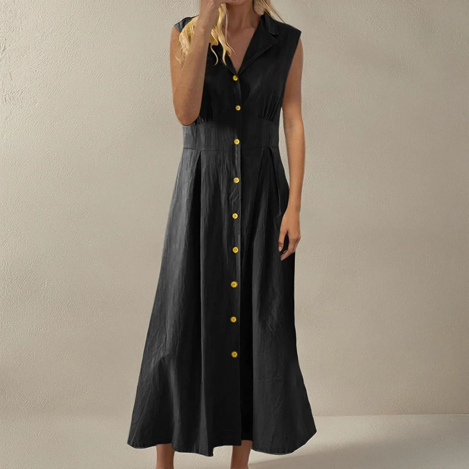 Women's Summer Cotton Linen Lapel V Neck Button Down Maxi Shirt Dress Casual Sleeveless A-Line Long Work Dress