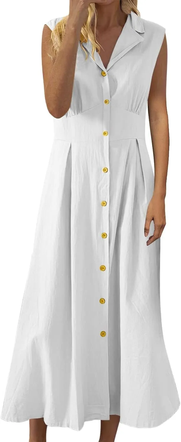 Women's Summer Cotton Linen Lapel V Neck Button Down Maxi Shirt Dress Casual Sleeveless A-Line Long Work Dress