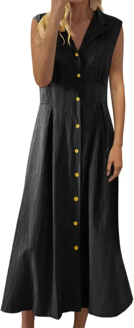 Women's Summer Cotton Linen Lapel V Neck Button Down Maxi Shirt Dress Casual Sleeveless A-Line Long Work Dress