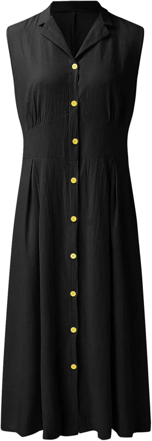 Women's Summer Cotton Linen Lapel V Neck Button Down Maxi Shirt Dress Casual Sleeveless A-Line Long Work Dress
