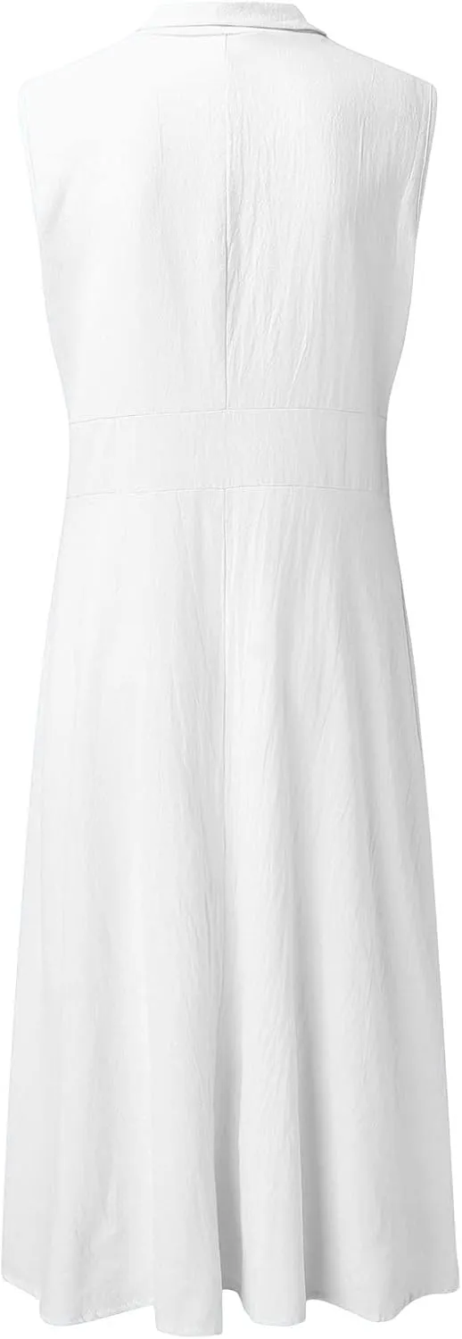 Women's Summer Cotton Linen Lapel V Neck Button Down Maxi Shirt Dress Casual Sleeveless A-Line Long Work Dress