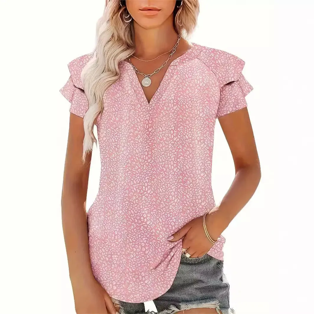 Women's V-neck Pleated Short Sleeves T-shirt - Chic & Comfortable Style