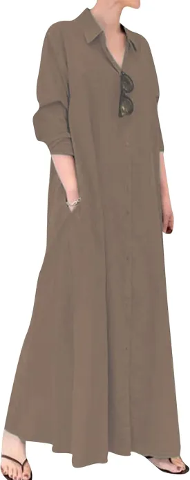 YMING Womens Cotton and Linen Shirt Dress Casual Loose Blouse Dress Solid Color Maxi Dresses Plus Size
