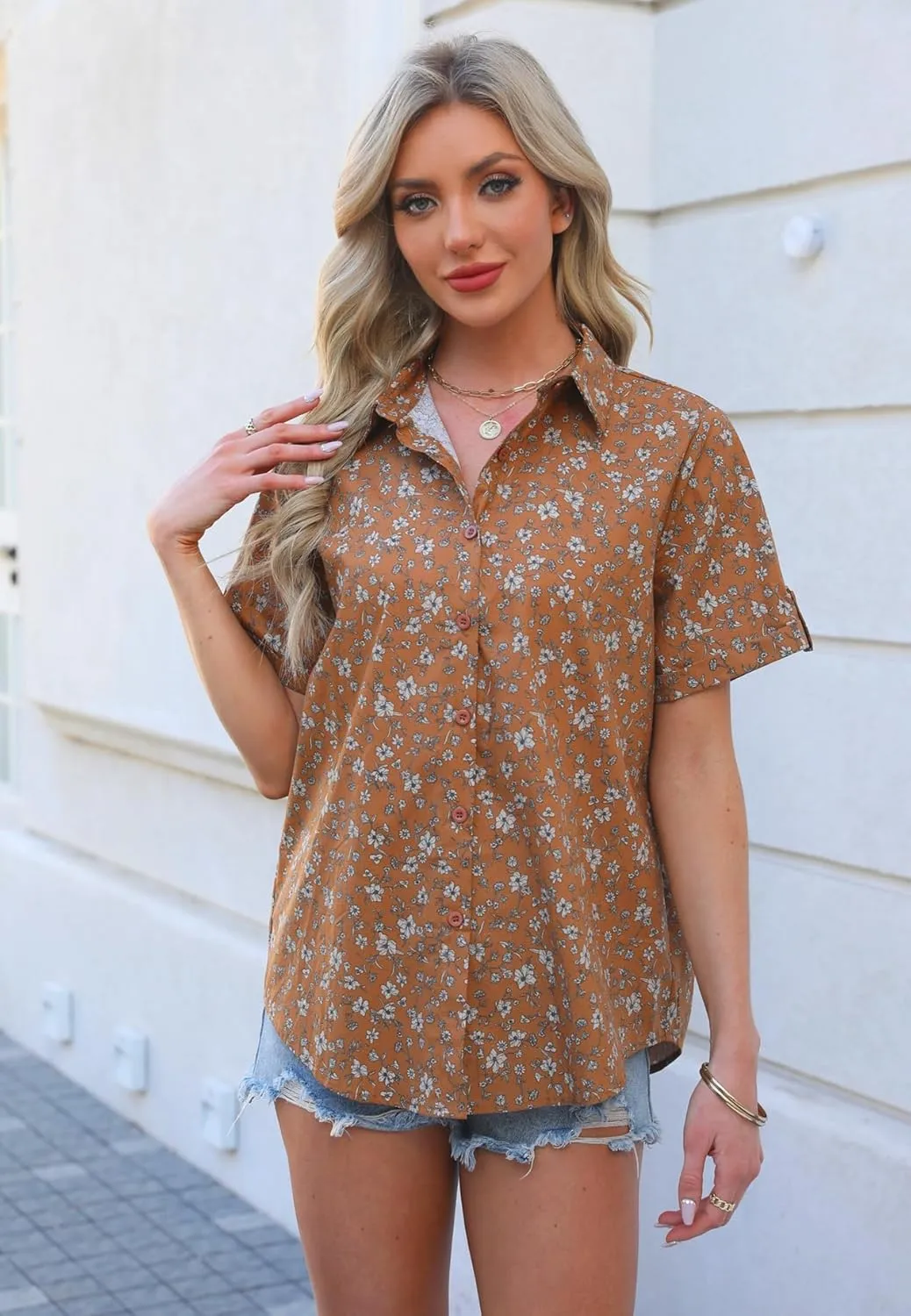 Zeagoo Women Linen Button Down Shirt Rolled Cuffed Short Sleeve Blouse Ladies Summer Casual V Neck Beach Cotton Tops