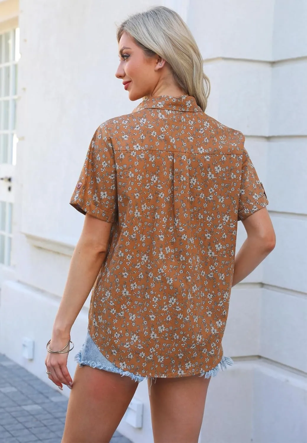Zeagoo Women Linen Button Down Shirt Rolled Cuffed Short Sleeve Blouse Ladies Summer Casual V Neck Beach Cotton Tops