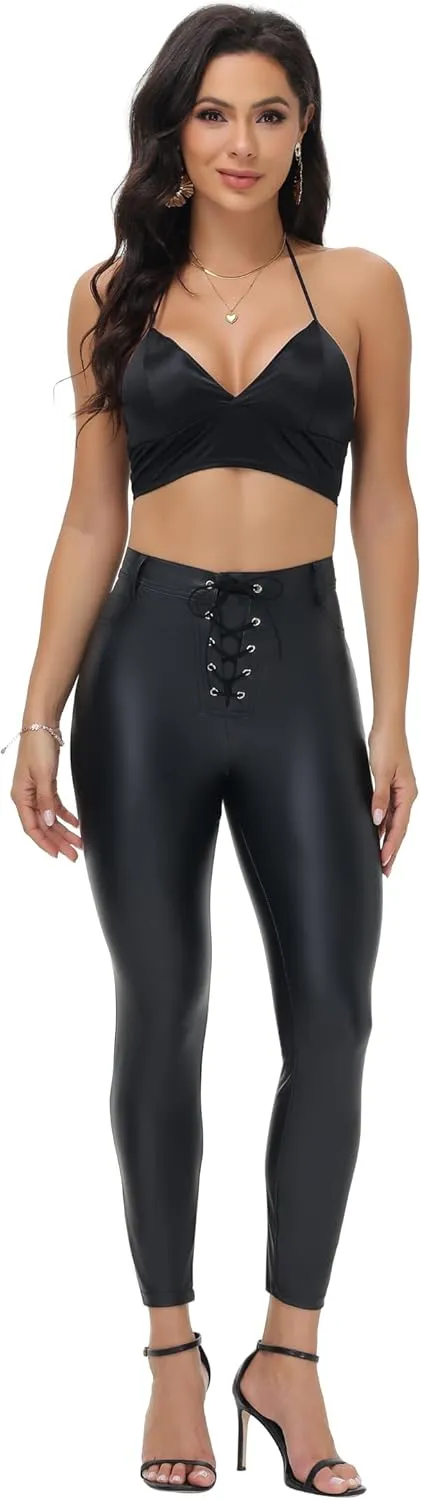 Zebaexf Women's Faux Leather Shorts Drawstring Sexy Leather Short High Waisted