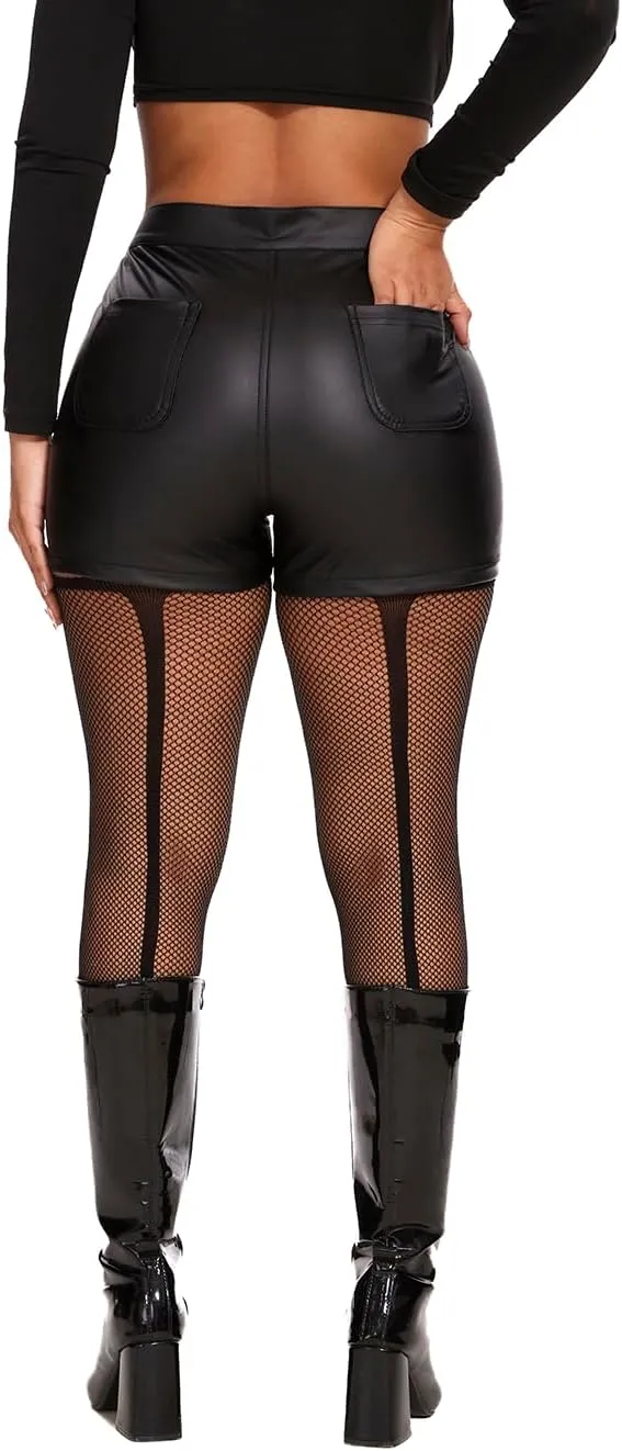 Zebaexf Women's Faux Leather Shorts Drawstring Sexy Leather Short High Waisted