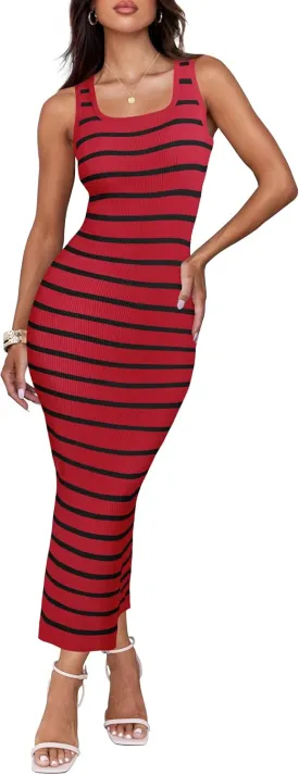 ZESICA Women's Summer Square Neck Bodycon Midi Dresses 2025 Casual Sleeveless Ribbed Knit Striped Beach Vacation Long Dress